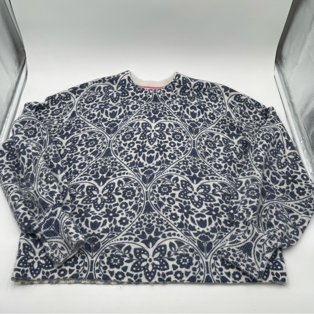 Boden Blouson Sleeve Fluffy Wool Alpaca Blend Sweater Blue Floral Print Sz 14 - Picture 4 of 13
